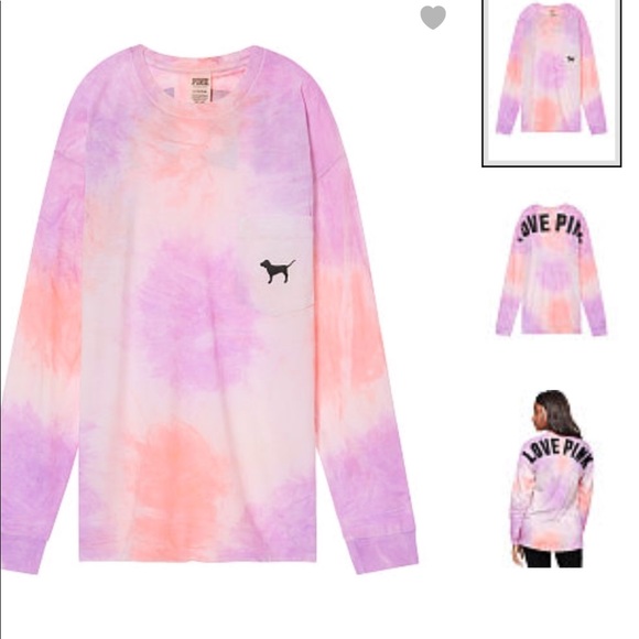 PINK VICTORIA/'S SECRET NAVY TIE DYE LOGO VARSITY CREW LONG SLEEVE TEE SHIRT VS